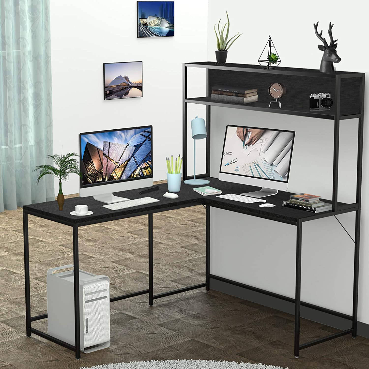 55 Inch Black L-Shape Corner W - Dual Monitor Desk Setup avis et prix